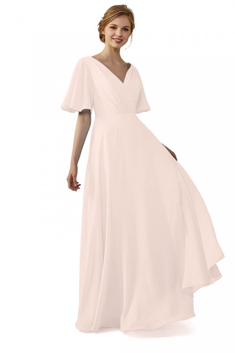 Casual V-Neck Flutter Sleeves Chiffon Ruched Bridesmaid Dress with Keyhole Back