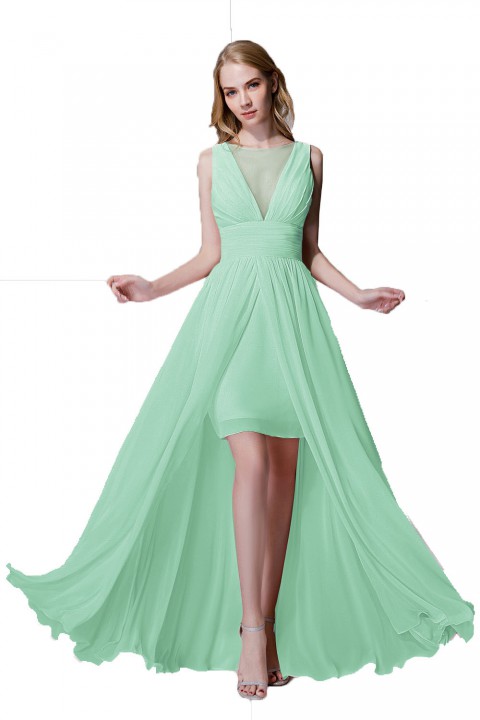 Plunging Illusion Tulle Scoop Neck High Slit Chiffon Bridesmaid Dress