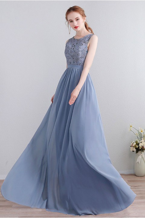 Lace Upper Bodice Illusion Scoop Neck Chiffon Bridesmaid Dress Sleeveless