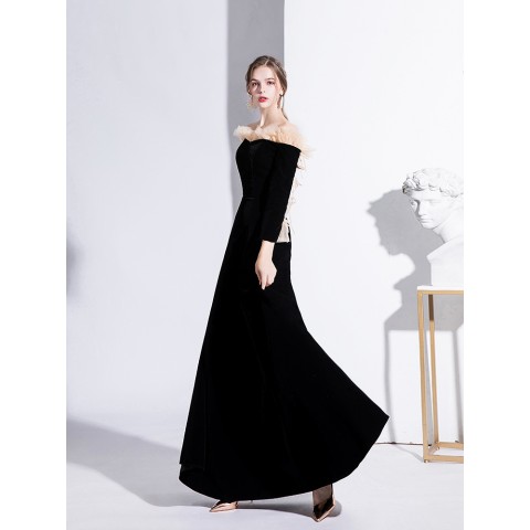 Black Elegant Off Shoulder Long Sleeves Velvet Party Dress