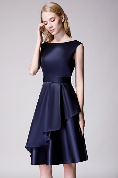 Scoop Neck Knee-Length Satin Bridesmaid Dress With Cascading Ruffles