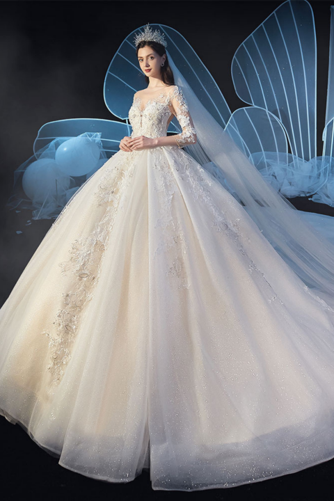 2021 New Deep V Neck Long Sleeves Sequins Tulle Wedding Dress With Long Train