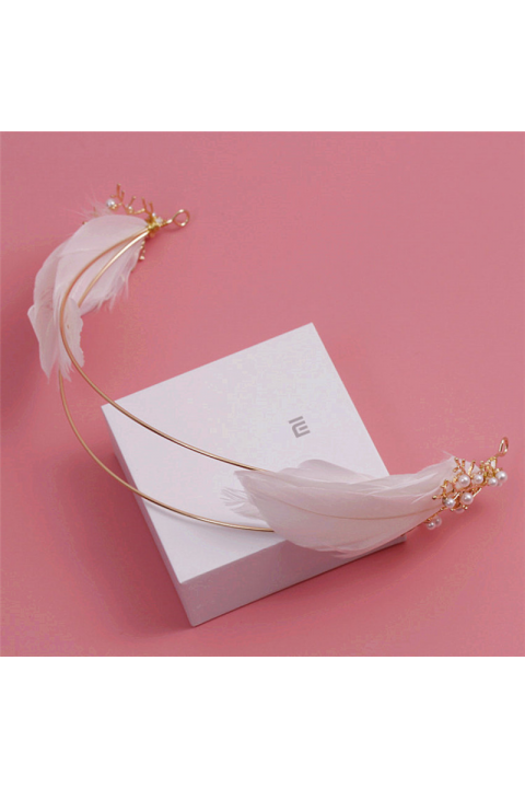 Golden Branch Feathers Shape Pearl Decor Bridals Headband