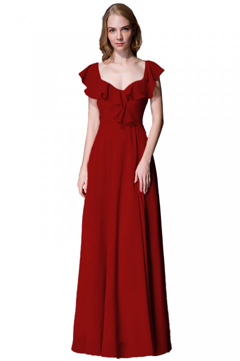 V Neck Cascading Ruffles Sleeve Bow Back Bridesmaid Dress 