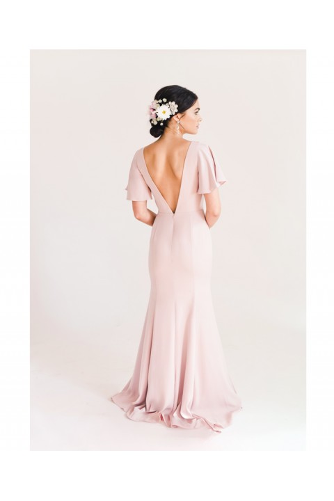Light Pink Double Deep V Neck Short Sleeves Luxe Satin Bridesmaid Dress