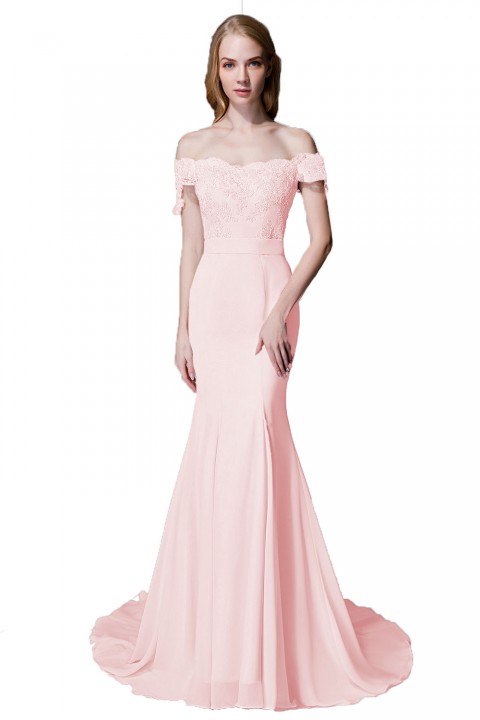 Elegant Mermaid Off Shoulder Chiffon Lace Straight Bridesmaid Dress with Train