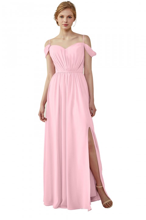 A-Line Cold Shoulder Spaghetti Straps Chiffon Bridesmaid Dress with Side Slit