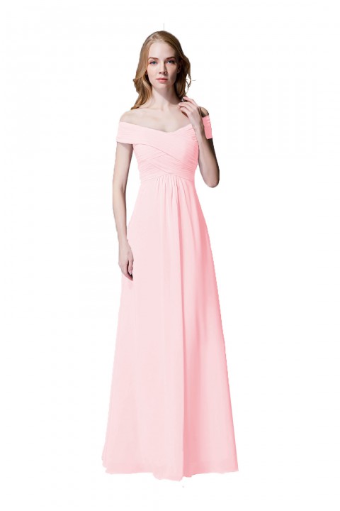 Crisscross Off-the-Shoulder Pleated V-back Bridesmaid Dress Long