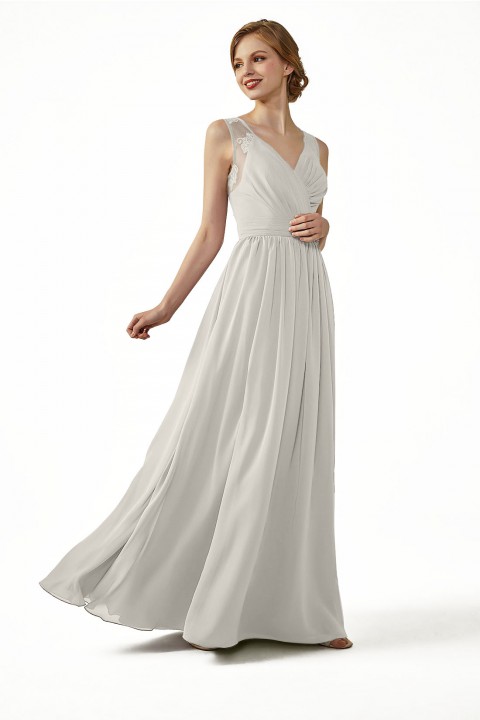 Lace Illusion Back Closure with Button Ruched V-Neck Bridesmaid Dress 