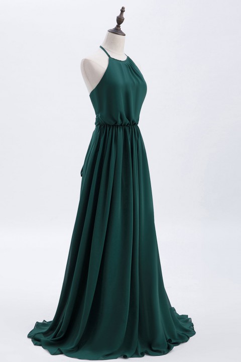 Halter Spaghetti Strap Open Back Chiffon Bridesmaid Dress with Sash