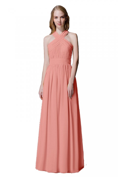 Criss-cross Halter Pleated Chiffon Bridesmaid Dress with Cross-straps Back