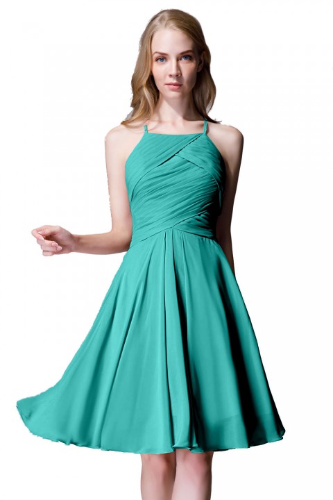 Elegant Halter Tea Length Pleated Chiffon Bridesmaid Dress with Tie Back