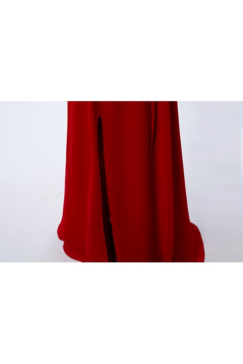 Spaghetti Straps Halter Neckline Open Back Bodice Side Slit Skirt Bridesmaid Dress with Adjustable Belt