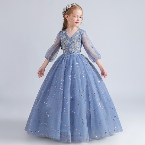 Long Sleeves V-neck Embroidery Decor Sequined Tulle Skirt Girls Pagent Dresses