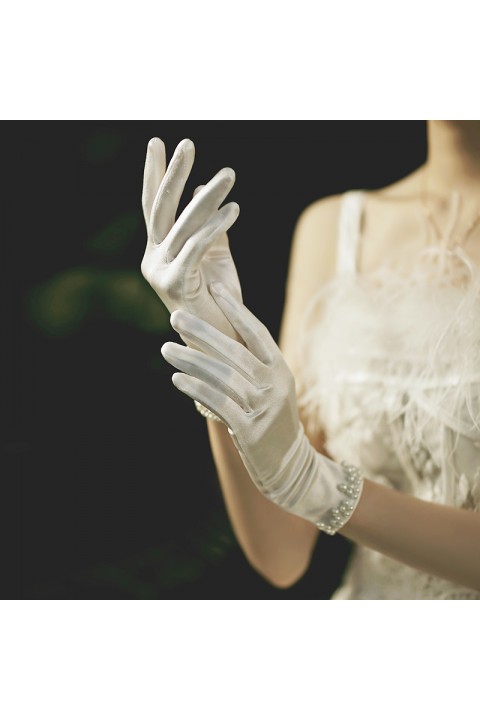 White Handmade Pearl Decor Satin Wedding Bridal Gloves