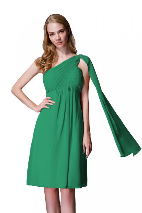 One-Shoulder Pleated Chiffon Short Bridesmaid Dress With Flowing Cape