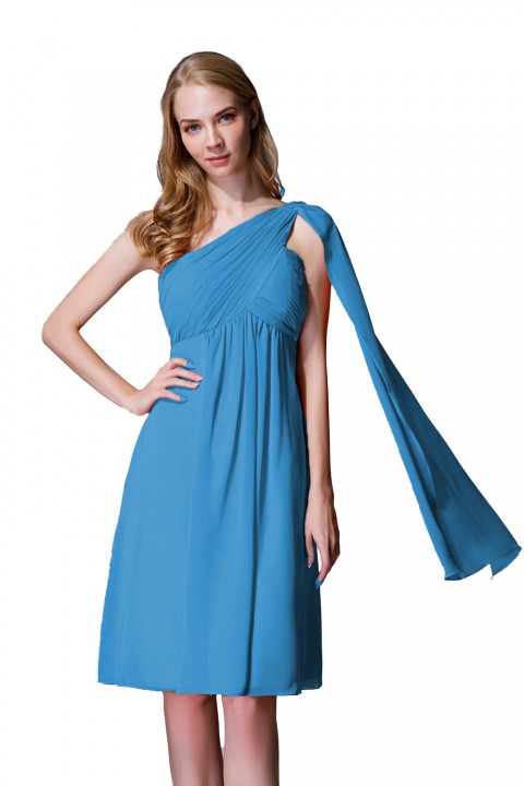 One-Shoulder Pleated Chiffon Short Bridesmaid Dress With Flowing Cape