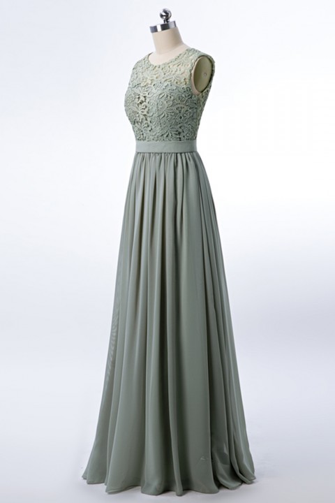 Lace Scoop Illusion Back A-Line Chiffon Bridesmaid Dress Long