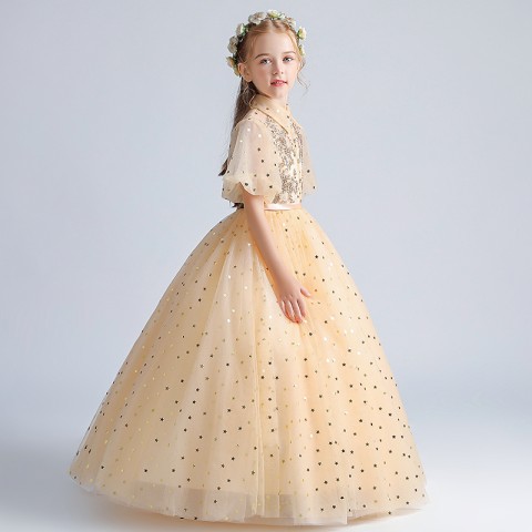 Yellow Shirt Collar Cap Sleeve Sequined&Beading Tulle Skirt Girls Pageant Dresses