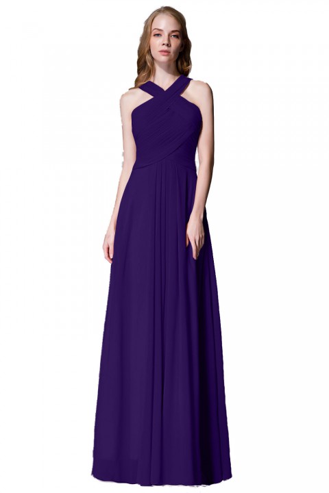 Chic Criss-cross Halter Pleated Chiffon Bridesmaid Dress Long