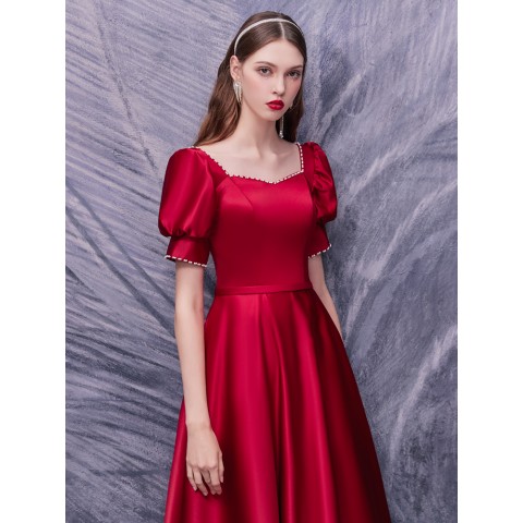 Red Sweetheart Square Neck Puff Sleeves Pearl Decored Satin Party Dress