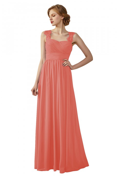 Pleated Long Chiffon Open Back Lace Strap Bridesmaid Dress