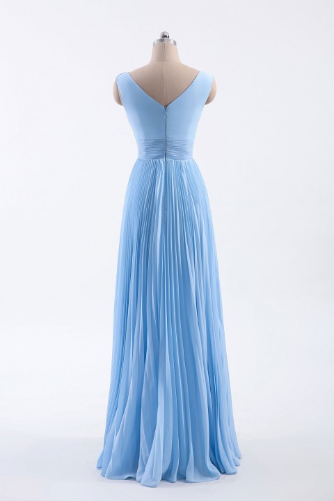 Chiffon V-Neck and V-Back A-Line Pleated Bridesmaid Dress 