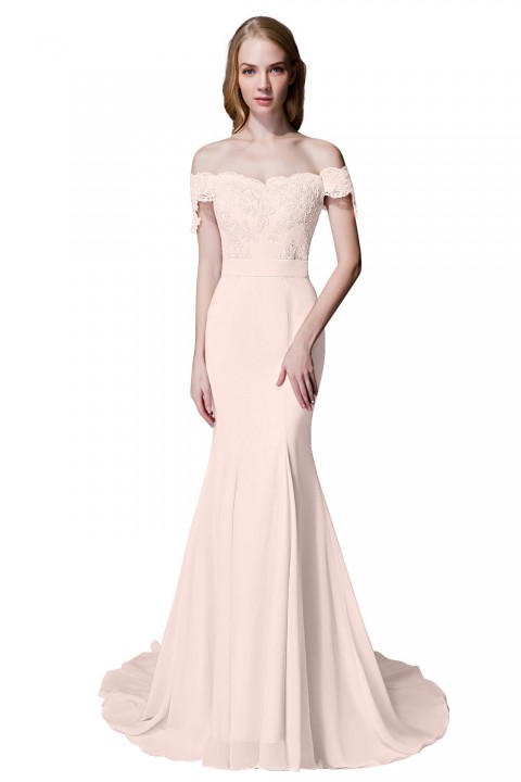 Elegant Mermaid Off Shoulder Chiffon Lace Straight Bridesmaid Dress with Train