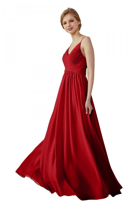 Spaghetti Straps Pleated Low V Back Bridesmaid Dress