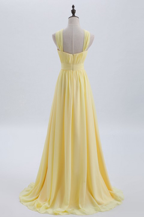 Criss-cross Halter Pleated Chiffon Bridesmaid Dress with Cross-straps Back