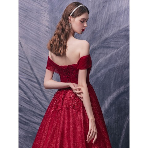 Red Off Shoulder Beaded Sequin Decor Shinny Tulle Party Dress