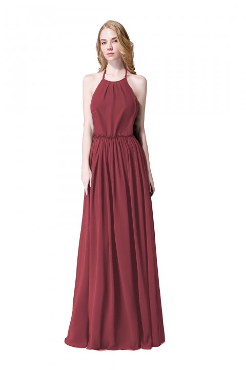 Halter Spaghetti Strap Open Back Chiffon Bridesmaid Dress with Sash