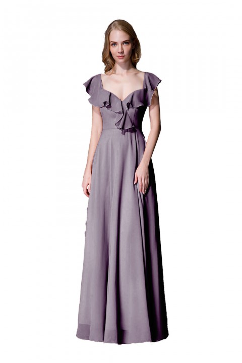 V Neck Cascading Ruffles Sleeve Bow Back Bridesmaid Dress 