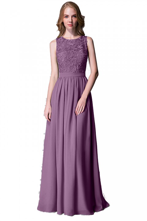 Lace Upper Bodice Illusion Scoop Neck Chiffon Bridesmaid Dress Sleeveless