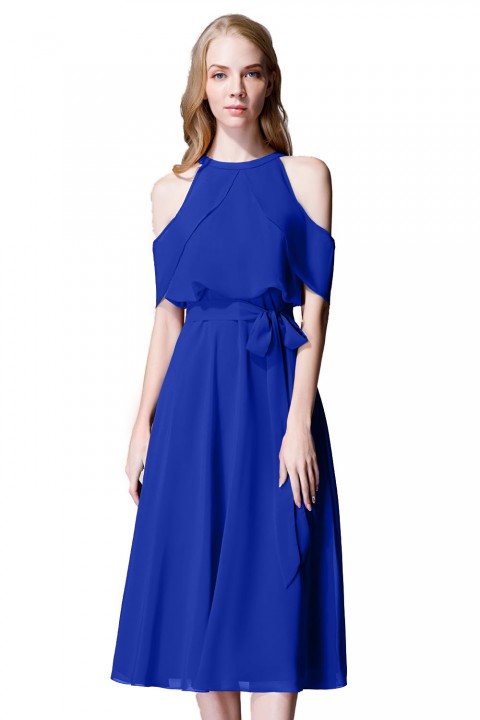 Flirty Off Shoulder Chiffon Ruffled Detachable Belt Bridesmaid Dress Short