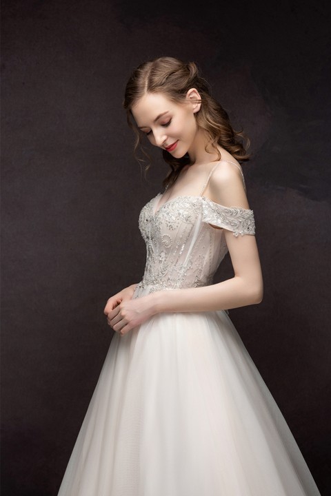 Cold Shoulder Sequin Pearl Beaded Corset Back Tulle Wedding Dress with Train