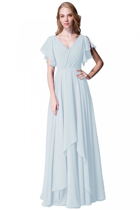 Flutter Sleeve Chiffon Ruched V Back Bridesmaid Dress Long