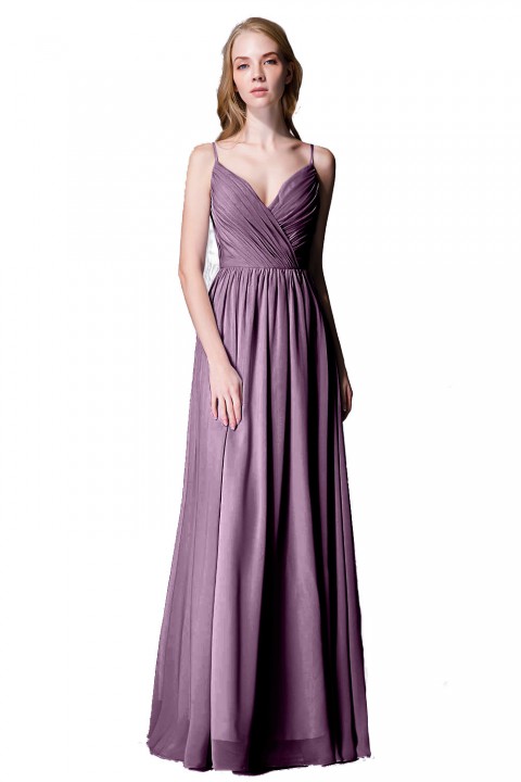 Spaghetti Straps Shell Neck Chiffon Bridesmaid Dress Open-back 