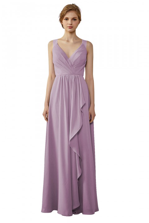 Lace Illusion Back Clousre Tulle Strap V-Neck Bridesmaid Dress with Ruffle