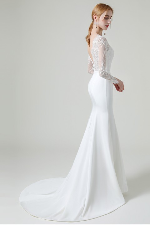 Lace Long Sleeve Illusion V Neck Satin Mermaid Wedding Dress with Train