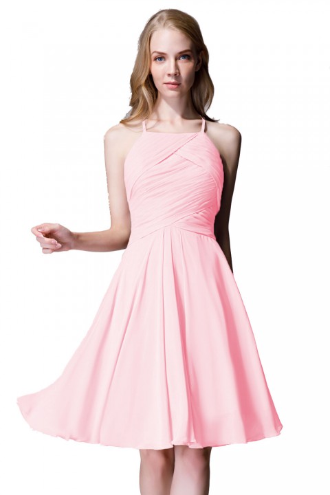 Elegant Halter Tea Length Pleated Chiffon Bridesmaid Dress with Tie Back