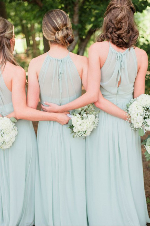 Clearance | Spaghetti Straps Illusion Halter Bridesmaid Dress with Sash