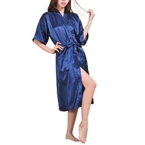 Hot Drilling Tied Waist Silk Maid of Honor Robe with Pockets