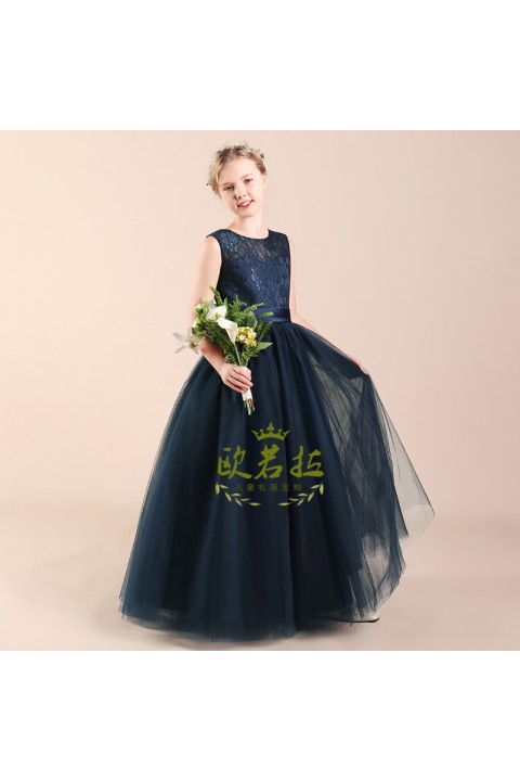 Navy Blue Sleeveless Tulle Skirt Junior Bridesmaid Dresses