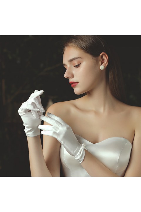 White Big Pearl Decor Soft Satin Wedding Bridal Gloves