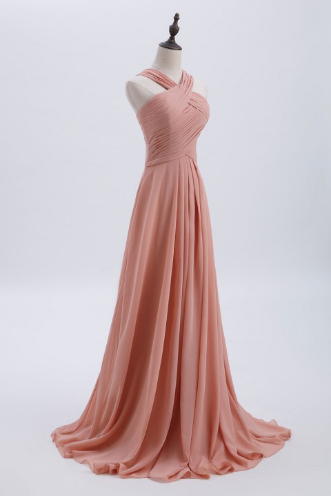 Chic Criss-cross Halter Pleated Chiffon Bridesmaid Dress Long