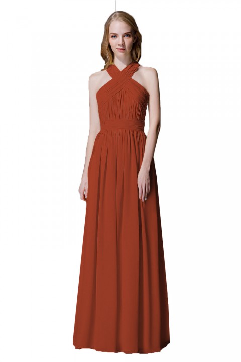 Criss-cross Halter Pleated Chiffon Bridesmaid Dress with Cross-straps Back