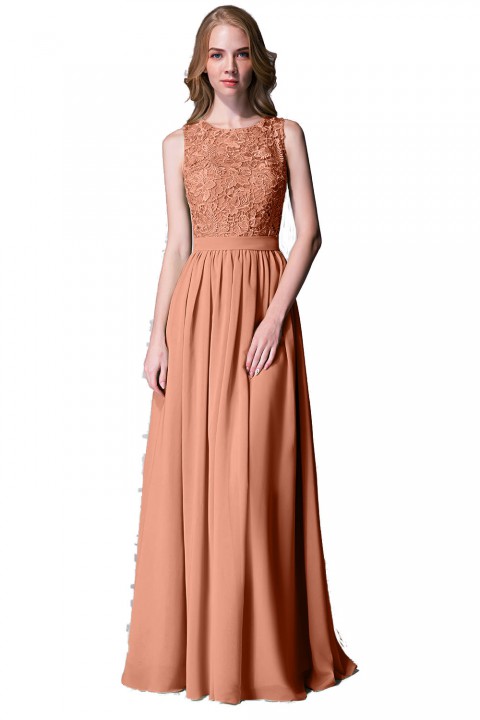 Lace Upper Bodice Illusion Scoop Neck Chiffon Bridesmaid Dress Sleeveless