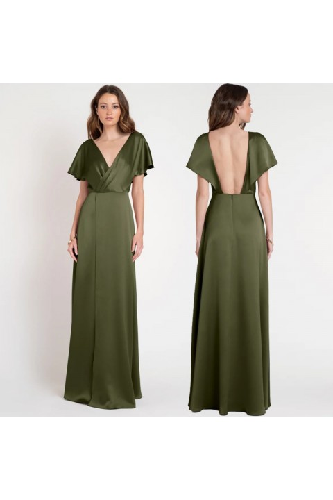 Olive Green V Neck Cap Sleeves Ruffles Backless High Split Luxe Satin Bridesmaid Dress