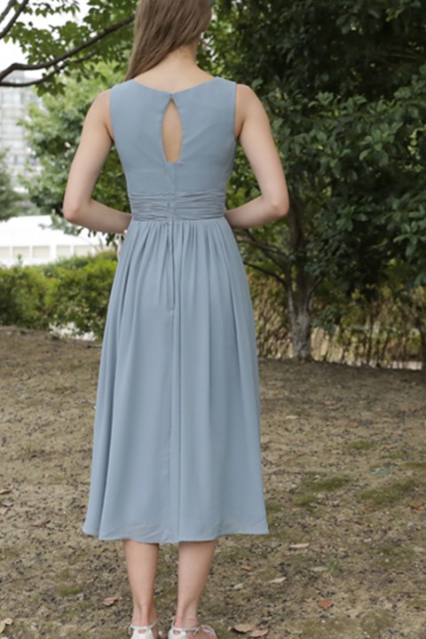 Sleeveless Round Neck Ruched Keyhole Back Chiffon Bridesmaid Dress